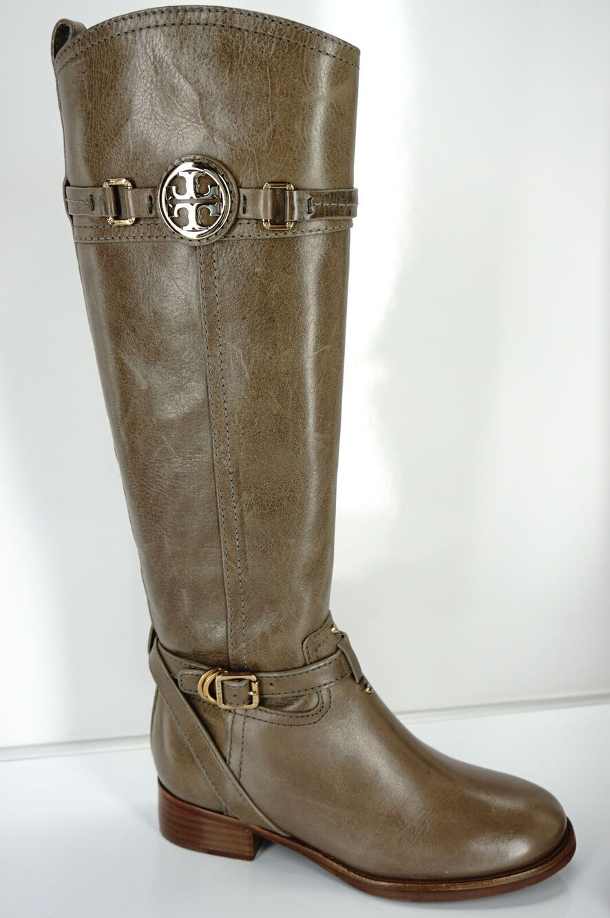 Tory Burch Calista Taupe Leather Logo Belt Knee Riding Boots New